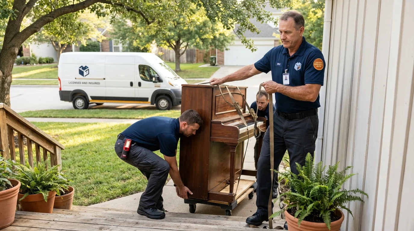Licensed piano movers securing grand piano in Gainesville, TX