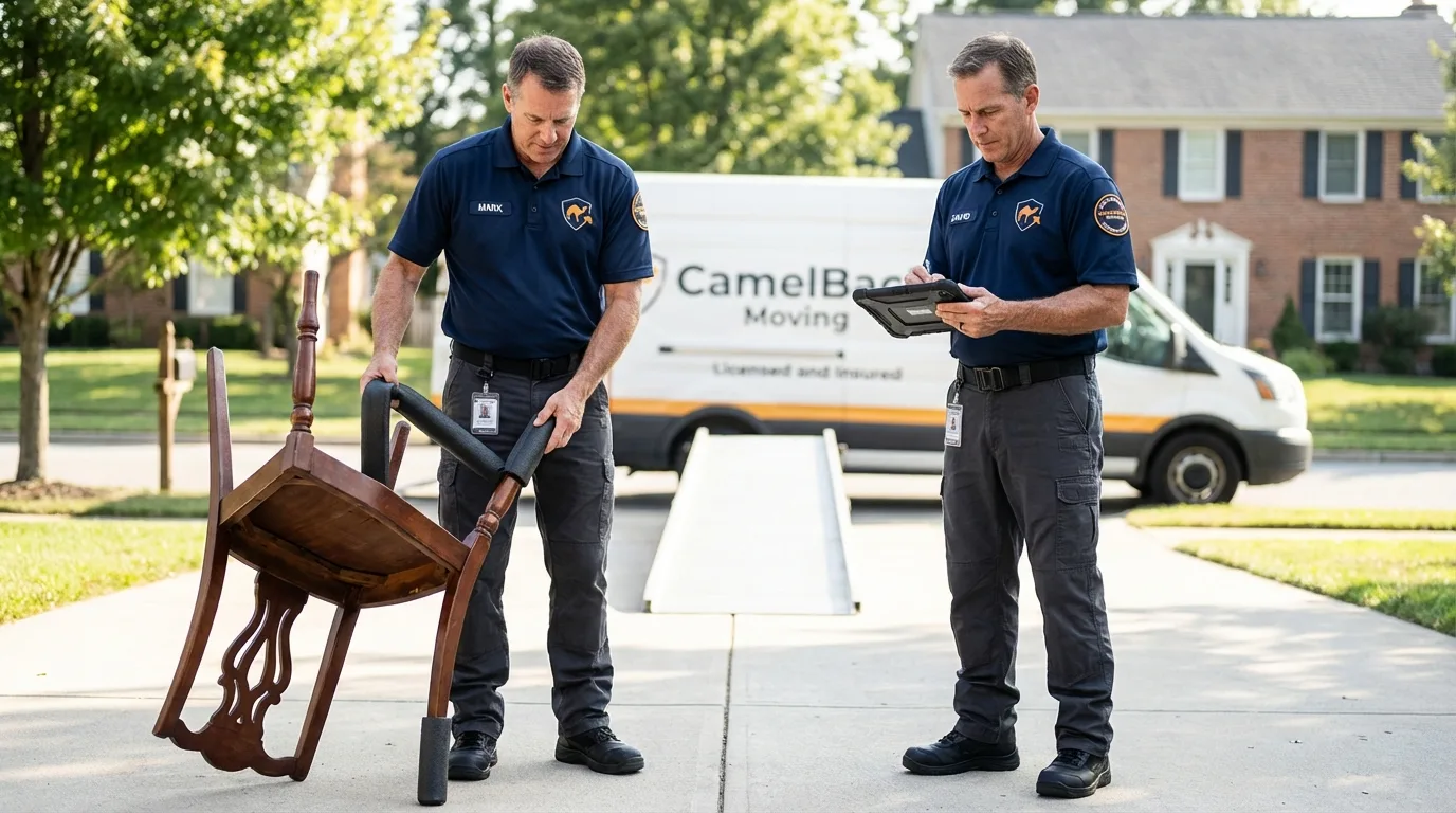 Movers inspecting furniture for damage prevention before loading in Gainesville, TX