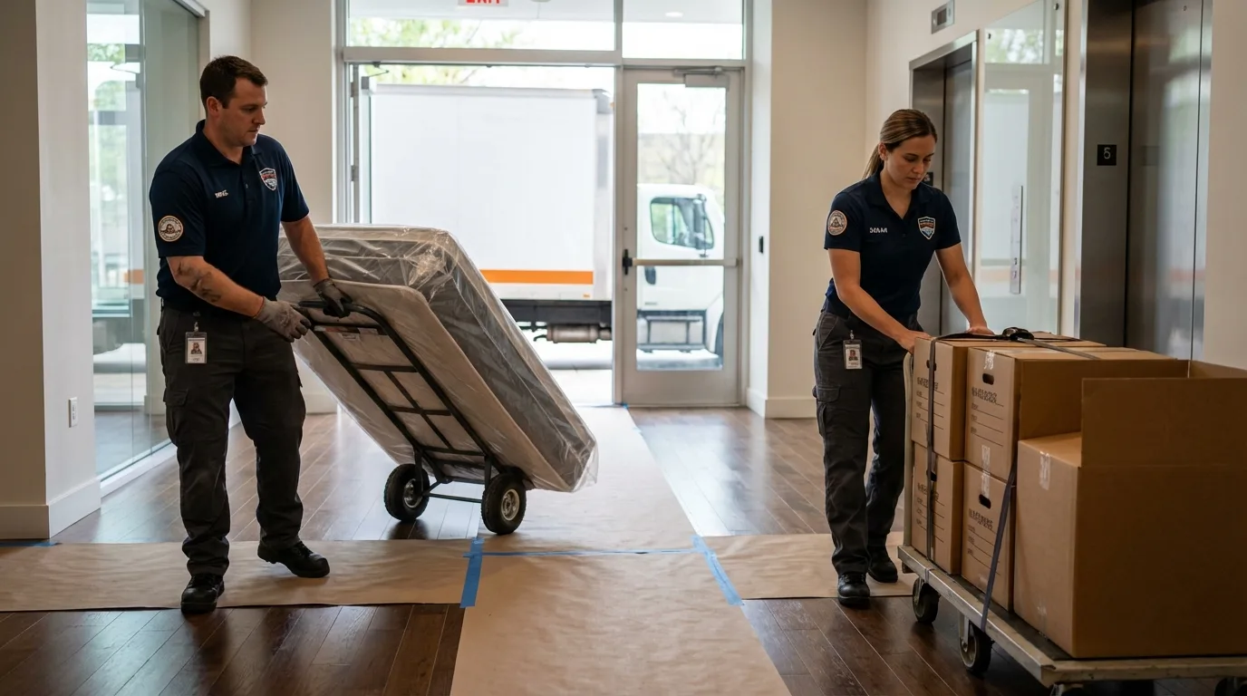 Professional apartment movers loading elevator in Gainesville, TX